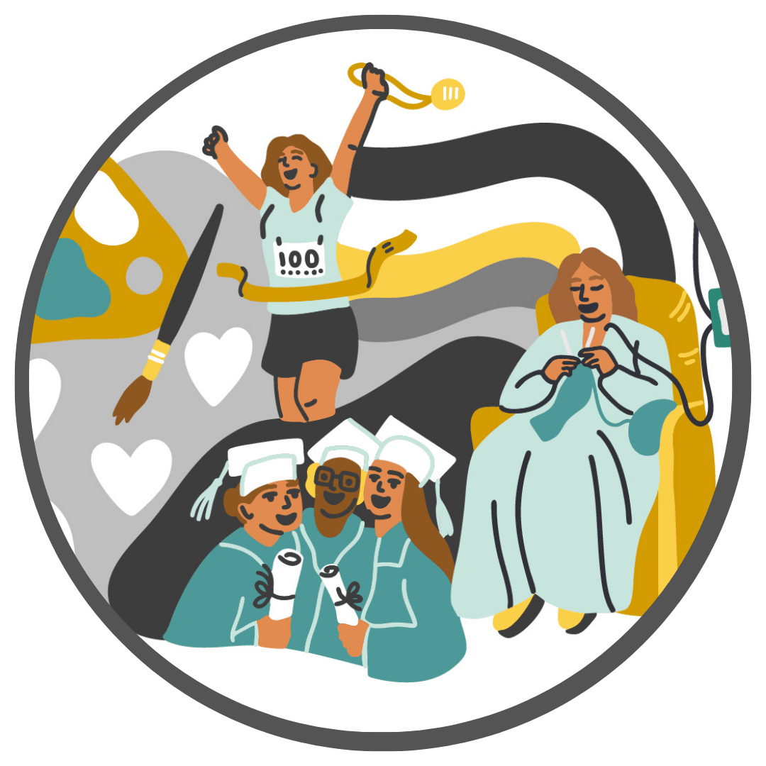 Original CC illustration of creating, reaching a milestone, and continuing life during treatment.