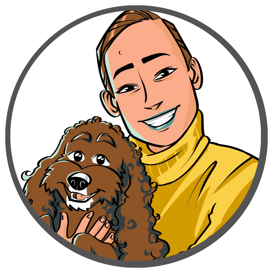 Original CC portrait illustration of a person holding their dog.