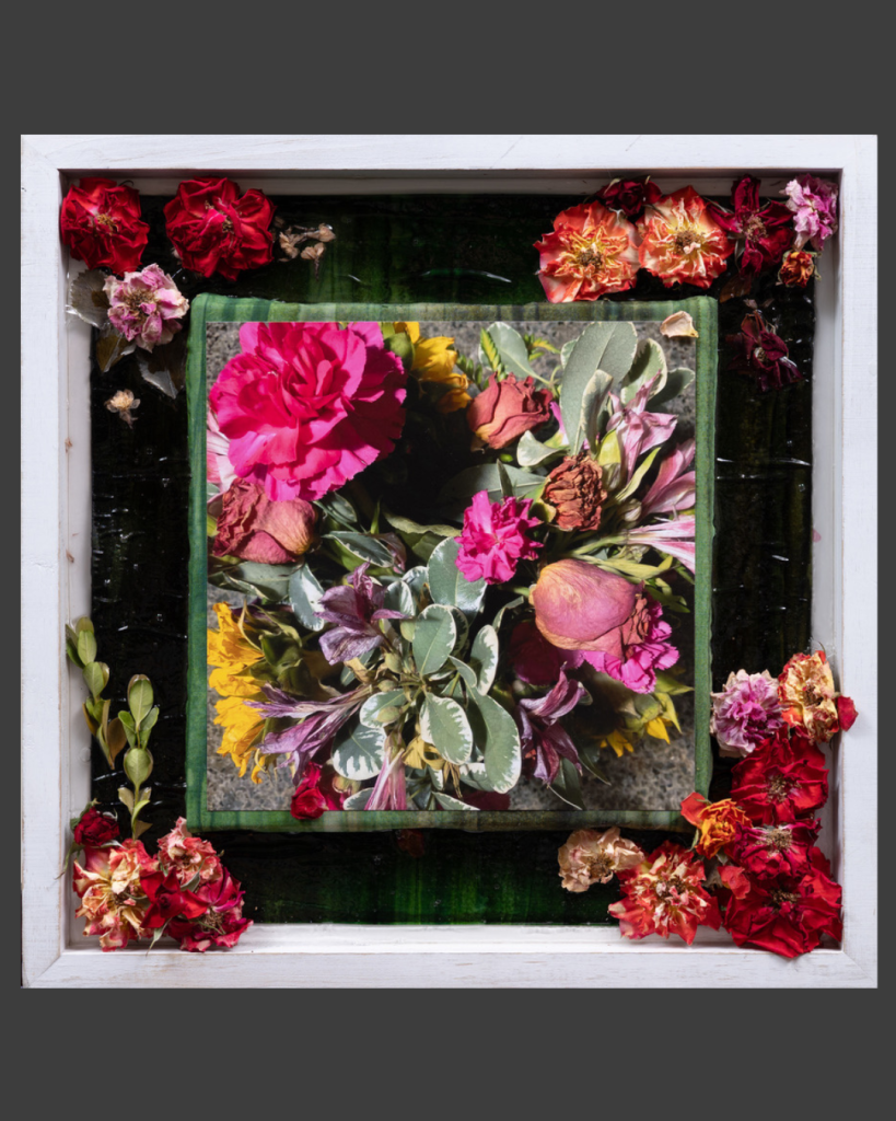 Victoria Orlando’s mixed-media floral artwork combining photographs and dried flowers.