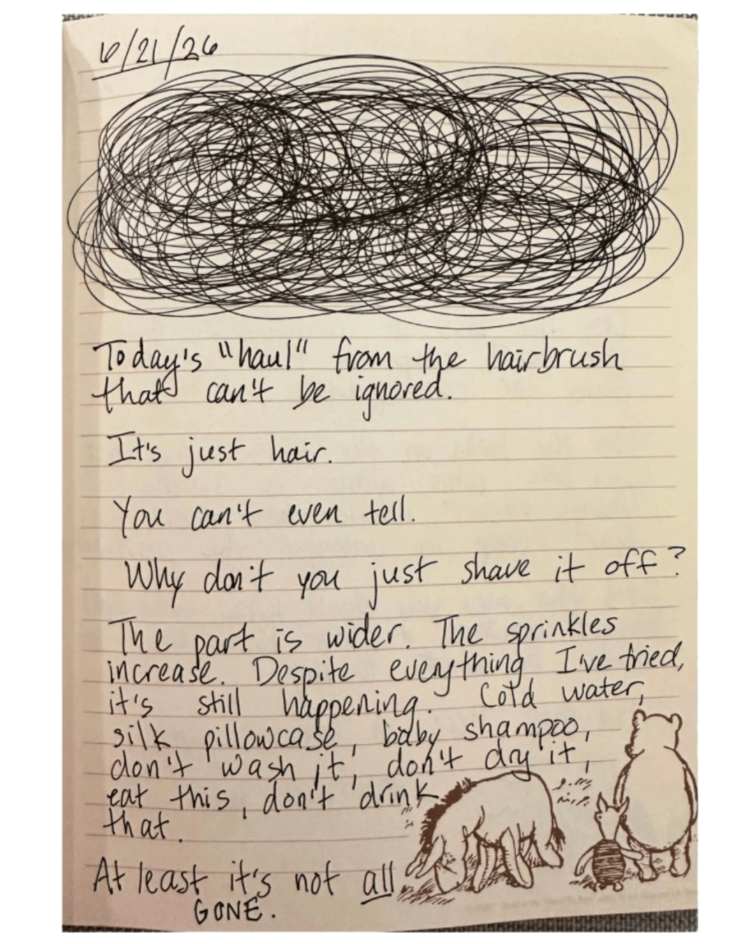 Shannon’s handwritten journal entry dated June 21, 2026, reflecting on hair loss during cancer treatment.